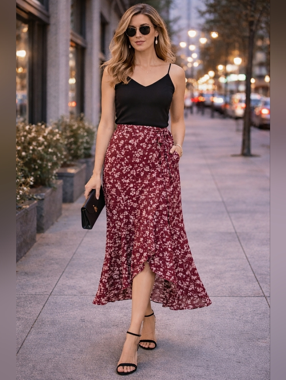 Boho Floral Wrap Skirt Burgundy Midi Ruffle Hem Festival Large - Picture 6 of 8